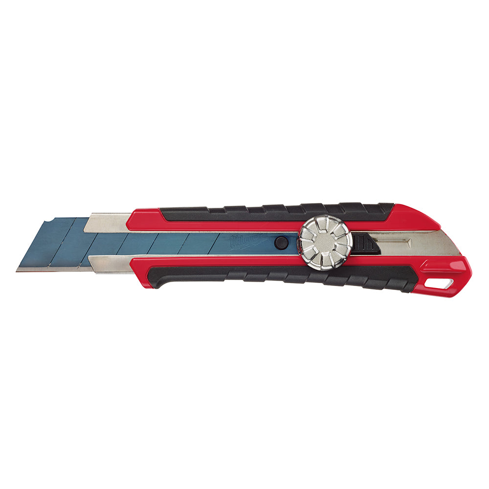 Red and black snap-off utility knife with metal lock mechanism and extended blue blade.