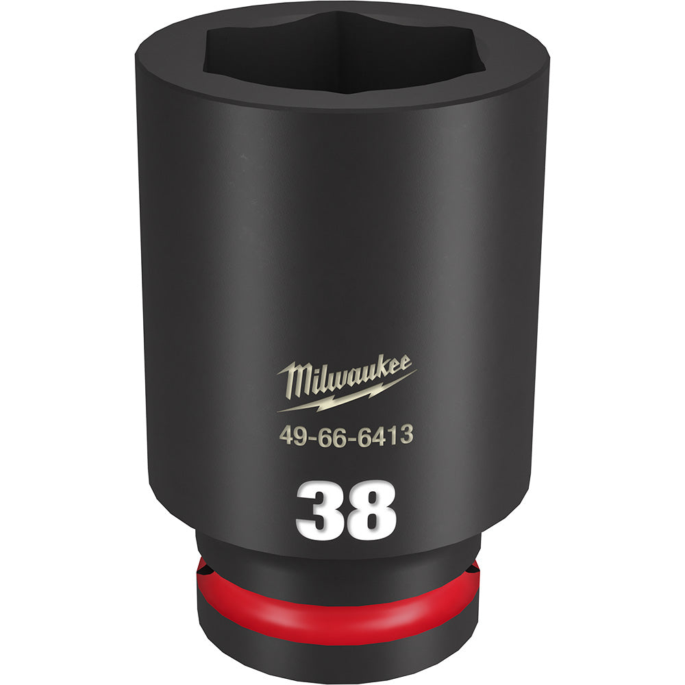 Black Milwaukee deep socket with 38MM size marking, hexagonal opening, and red grip band at base.