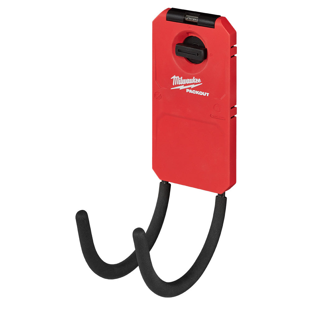 Milwaukee PACKOUT 6 curved hook with red mounting bracket and black foam-coated hooks for tool storage.
