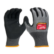 Black nitrile-dipped work gloves with gray knit cuffs and orange trim, shown palm-up and palm-down.