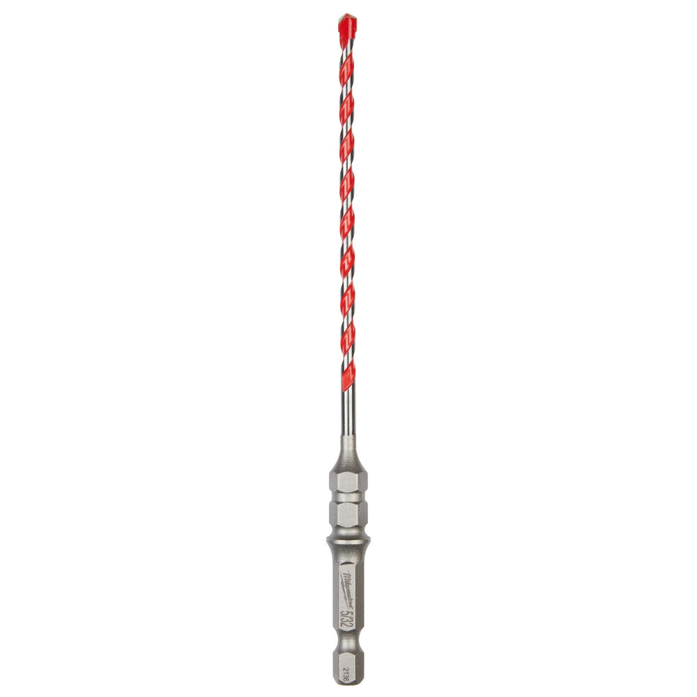Red and silver carbide hammer drill bit with spiral flutes and hex shank for concrete drilling.