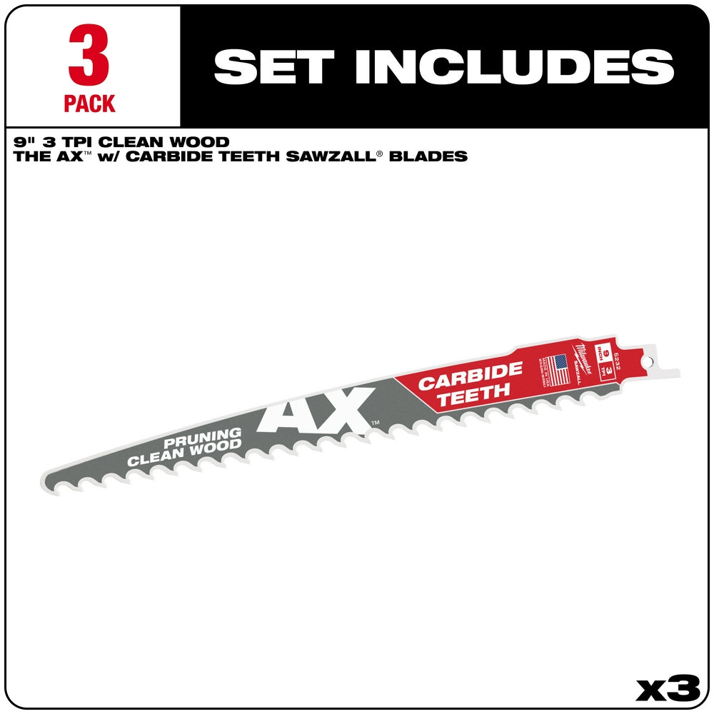 Three 9-inch SAWZALL blades with carbide teeth and red packaging labeled "The AX" for pruning and clean wood cutting.