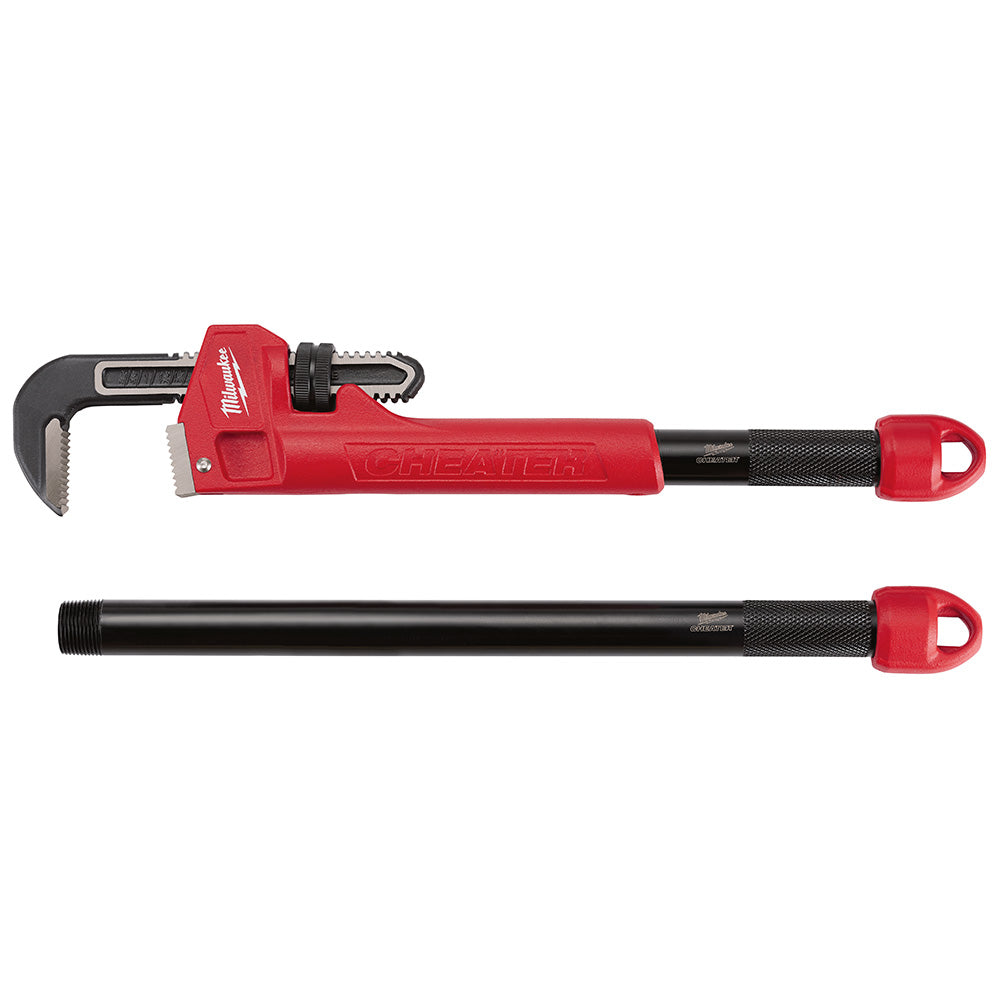 Red and black Milwaukee CHEATER pipe wrench with detachable extension pipe and adjustable jaw mechanism.