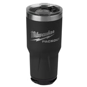 Black insulated tumbler with stainless steel band and clear lid, Milwaukee and PACKOUT branding on side.