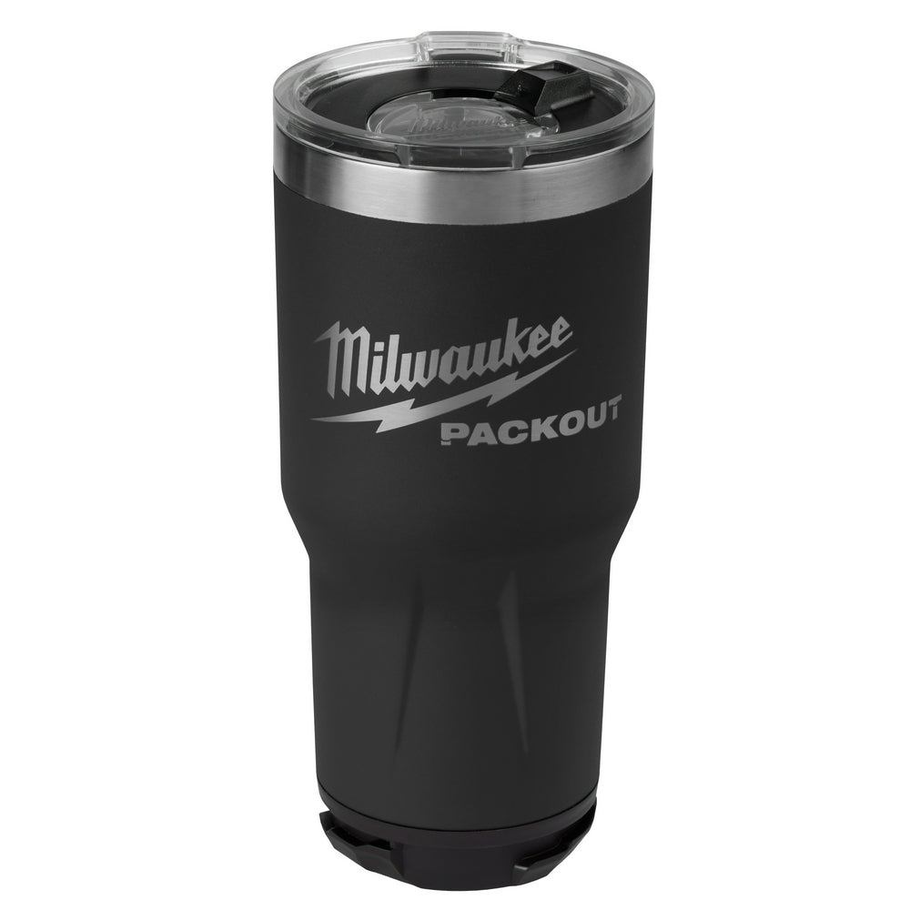 Black insulated tumbler with stainless steel band and clear lid, Milwaukee and PACKOUT branding on side.