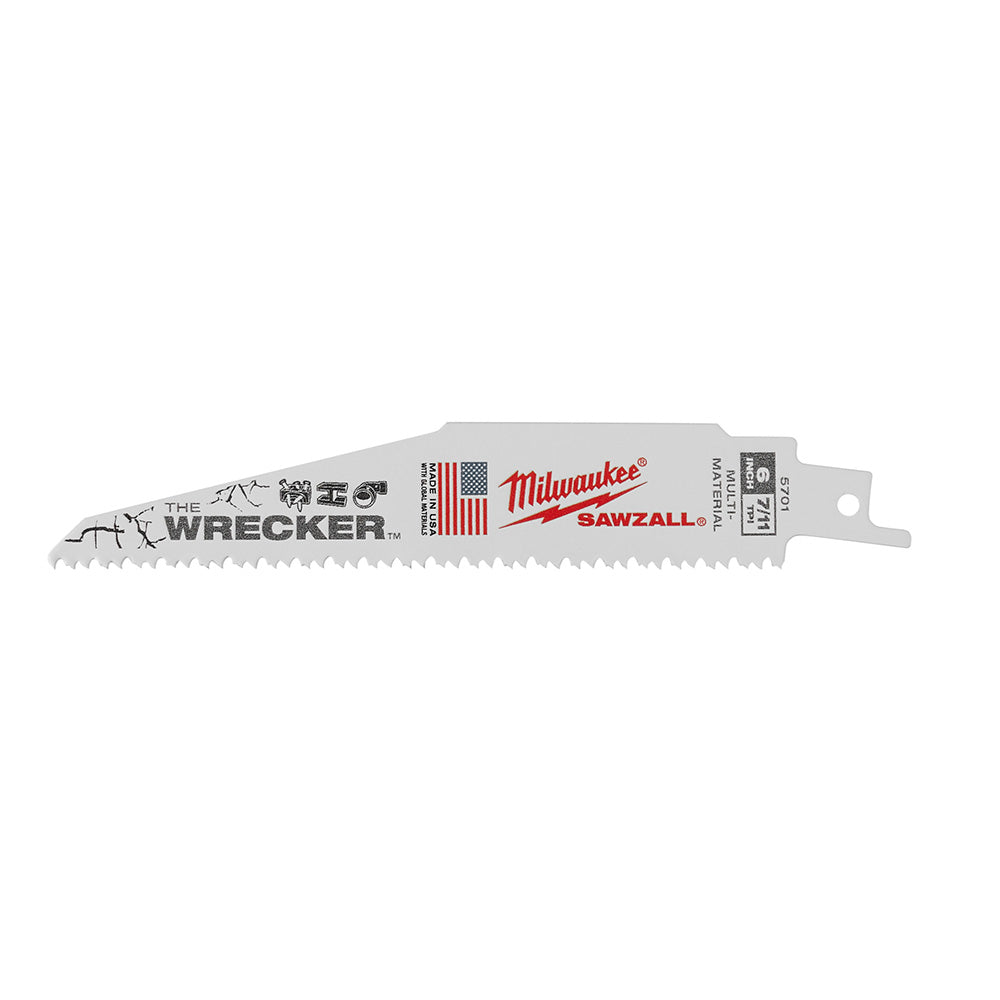 Milwaukee The Wrecker SAWZALL blade with serrated cutting edge and mounting tab.