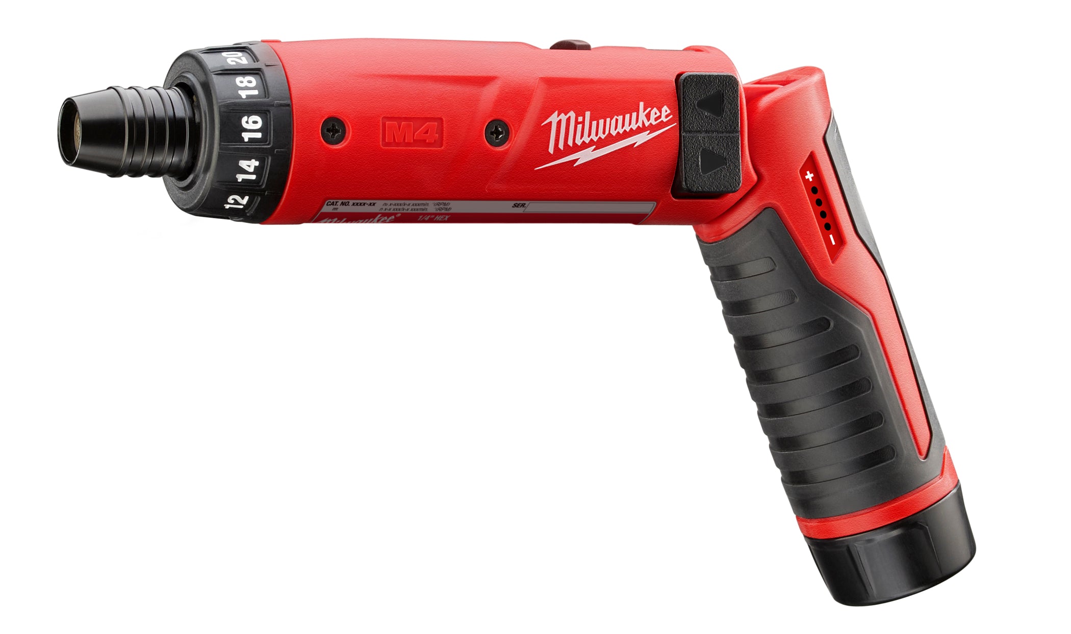 Red Milwaukee M4 cordless screwdriver with black grip and numbered hex bit selector collar.
