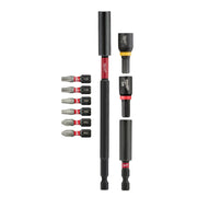 Ten-piece Milwaukee Shockwave bit set including guide bits, extension sleeves, and holder in black with red accents.