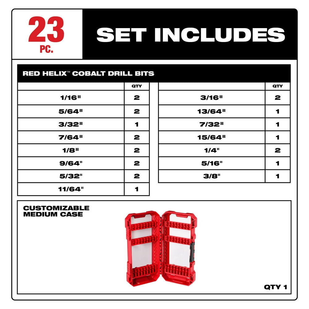 23-piece RED HELIX cobalt drill bit set with various sizes and red customizable carrying case.