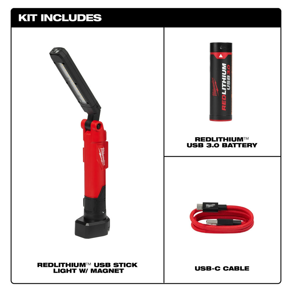 Red and black USB stick light with magnetic base, REDLITHIUM battery, and USB-C charging cable included.