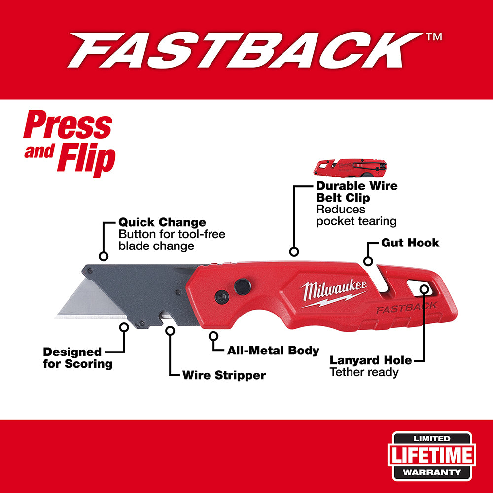 Milwaukee Tool 48-22-1501 Fastback Folding Utility Knife, 6-7/8 In - 2 Pack