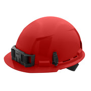 Red hard hat with front brim, black ratcheting suspension straps, and side attachment points.