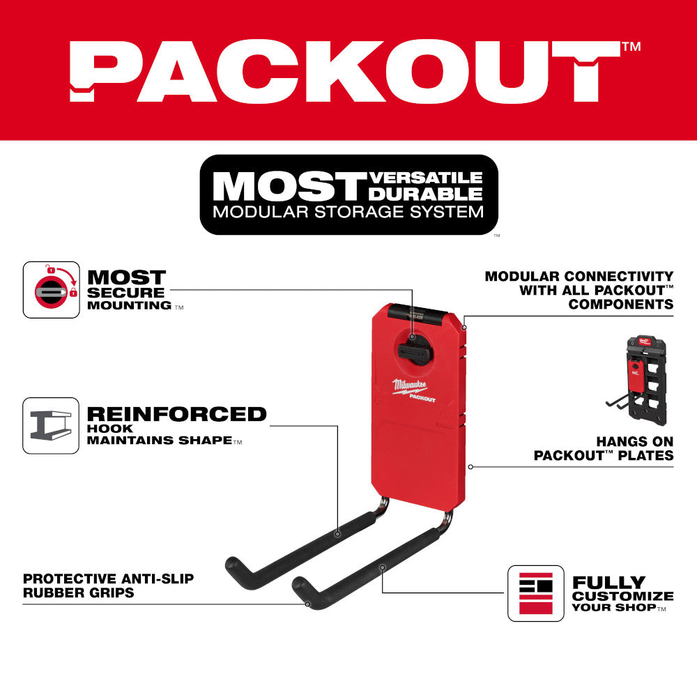 Red PACKOUT 9 straight hook with black reinforced arms and rubber grips for modular storage system mounting.