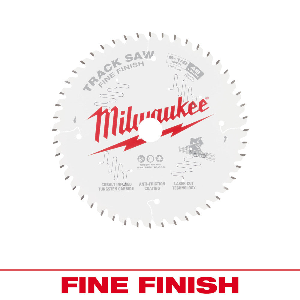 Milwaukee 6-1/2" track saw blade with 48 teeth and fine finish labeling on white circular disc.