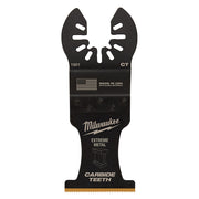 Black Milwaukee carbide metal saw blade with open-lok attachment and serrated cutting edge, labeled "Extreme Metal" and "Carb