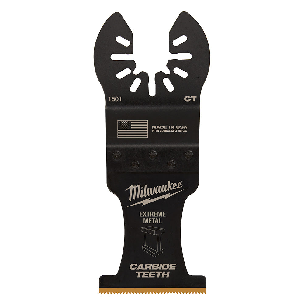 Black Milwaukee OPEN-LOK metal cutting blade with carbide teeth and mounting holes.