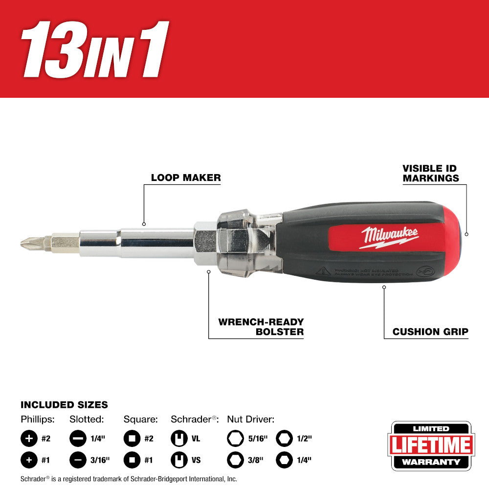 Milwaukee 13-in-1 screwdriver with red and black cushion grip handle, interchangeable bits, and loop maker tool.