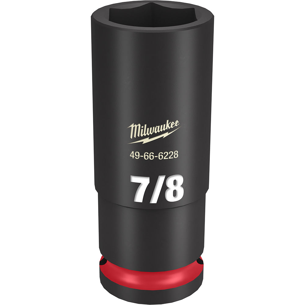 Black Milwaukee Shockwave Impact Duty socket with 7/8" marking and red grip band on base.