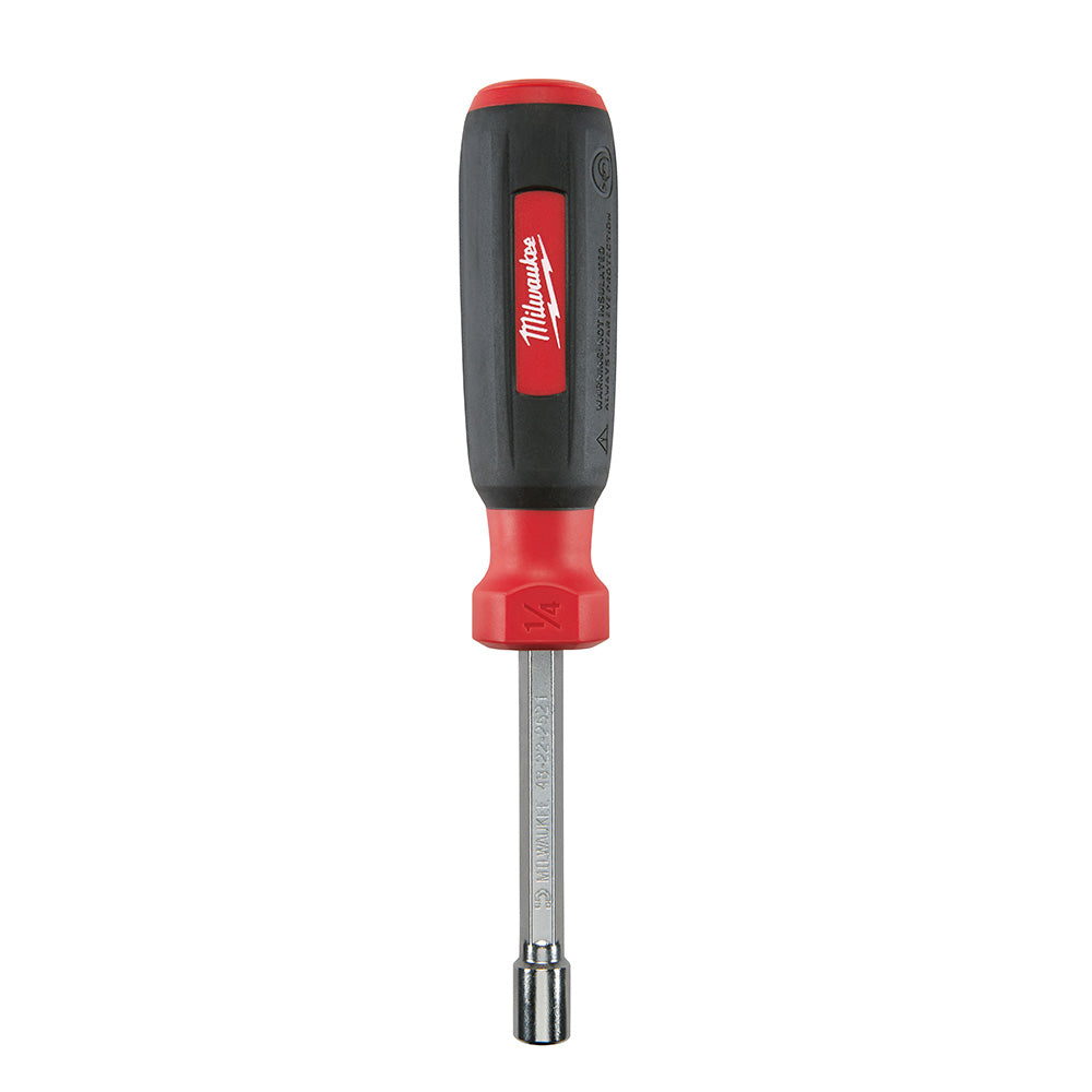 Milwaukee nut driver with red and black handle, metal shaft, and magnetic socket tip.