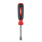 Milwaukee nut driver with red and black handle, metal shaft, and magnetic socket tip.