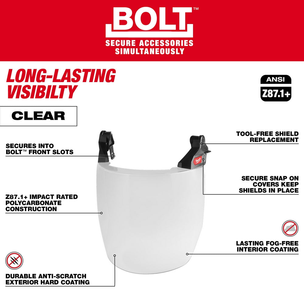 Milwaukee BOLT clear full face shield with dual coat lens and black mounting clips for safety helmet attachment.