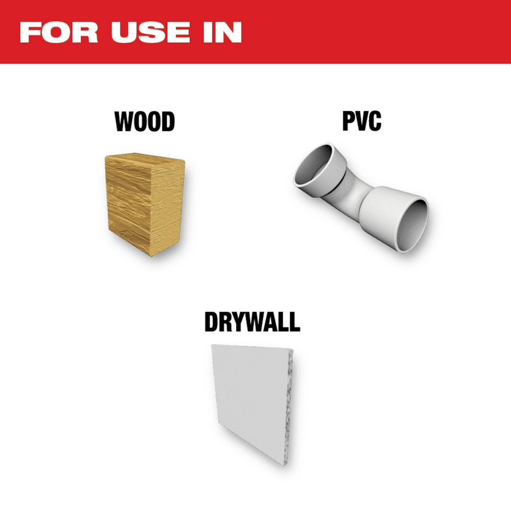 Three multi-tool blades: wood cutting blade, PVC pipe connector, and drywall sheet labeled by material type.
