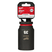 Milwaukee Shockwave 35mm deep socket with 3/4" drive and 6-point design in black with red band and packaging label.