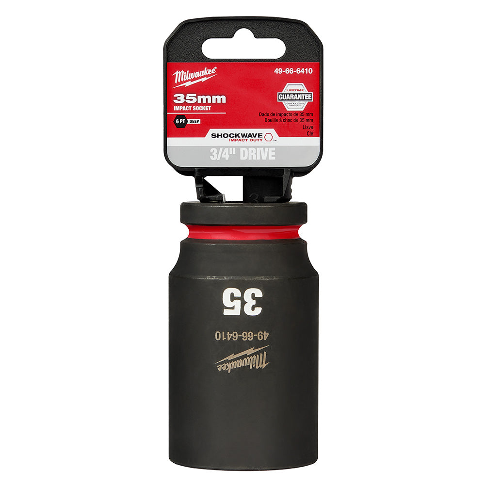 Milwaukee Shockwave 35mm deep socket with 3/4" drive and 6-point design in black with red band and packaging label.