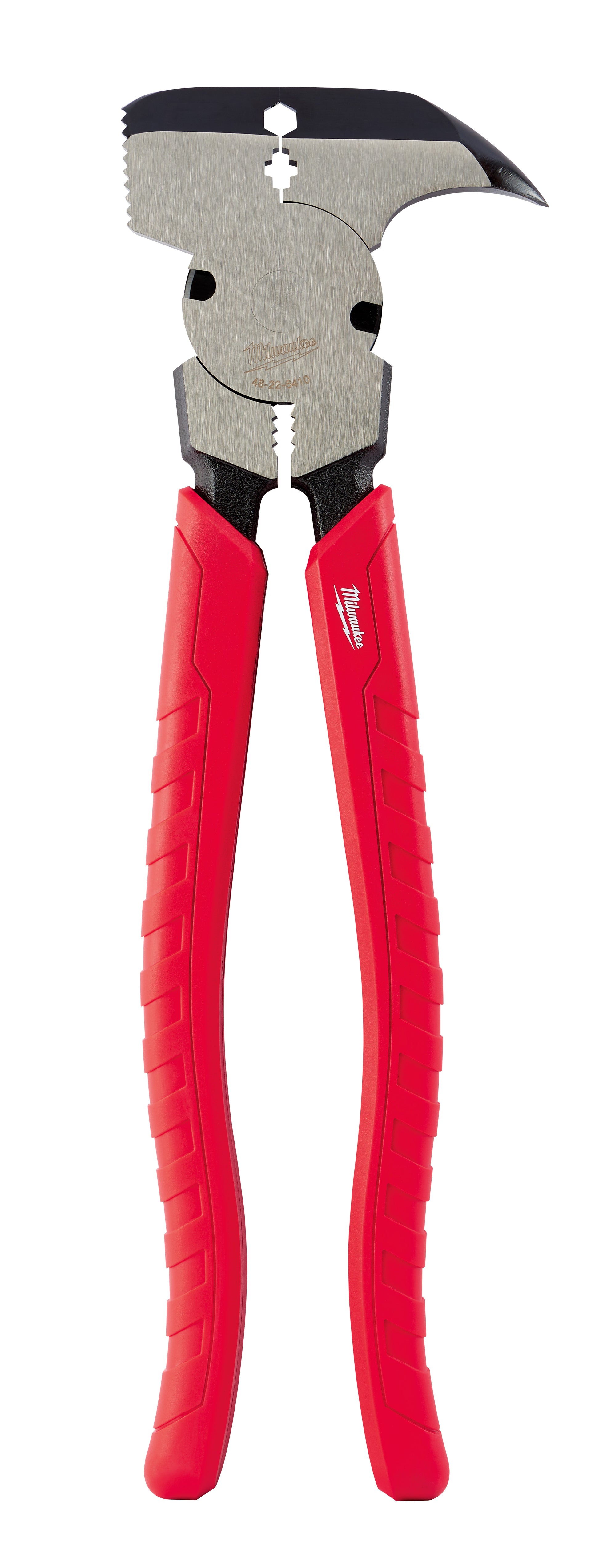Milwaukee fencing pliers with metal head, black upper section, and red handles with textured grip.