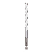 Silver and gray 3/8 inch twist drill bit with carbide tip and quick-release shank on white background.