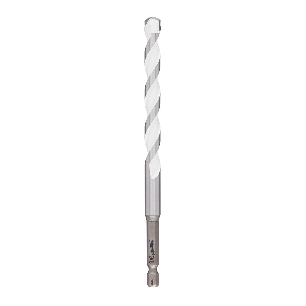 Silver and gray 3/8 inch twist drill bit with carbide tip and quick-release shank on white background.