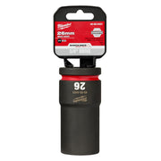 Milwaukee Shockwave 26mm deep socket with 3/4" drive and 6-point opening, black with red band and packaging.
