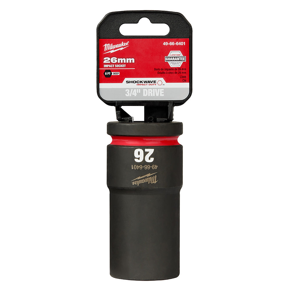 Milwaukee Shockwave 26mm deep socket with 3/4" drive and 6-point opening, black with red band and packaging.