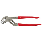 Milwaukee 12-inch smooth jaw plier wrench with metal head and red handles.