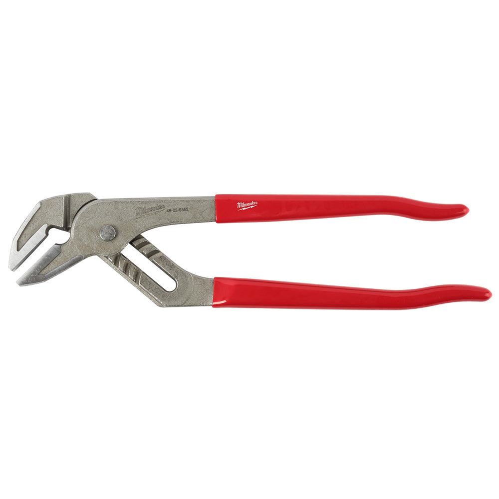 Milwaukee 12-inch smooth jaw plier wrench with metal head and red handles.