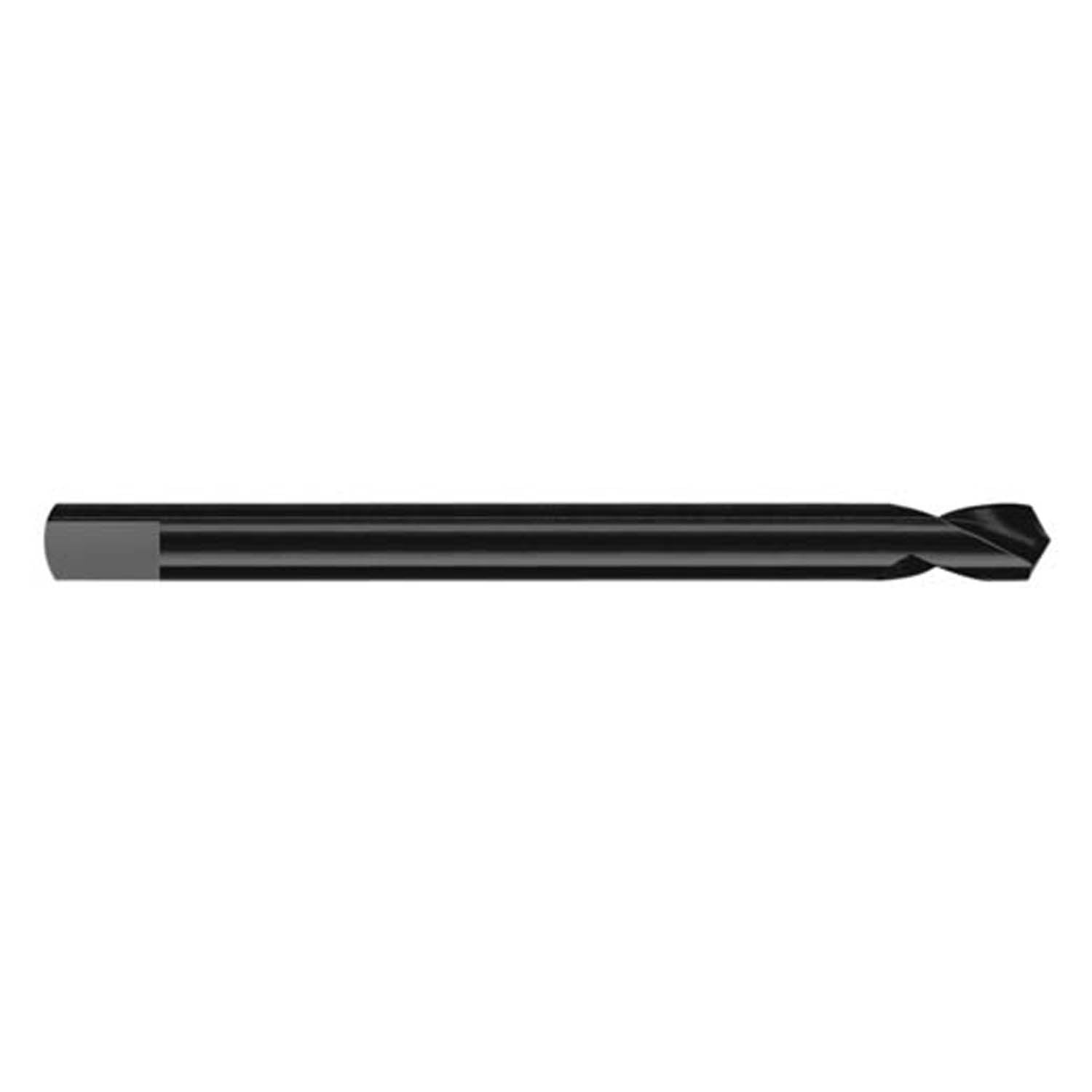 Black pilot drill bit with pointed tip and cylindrical shank on white background.