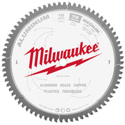 10-inch aluminum cutting circular saw blade with 72 teeth, gray and white design with Milwaukee branding.