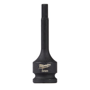Black Milwaukee Shockwave 5mm hex bit socket with 3/8 inch drive and extended shaft.