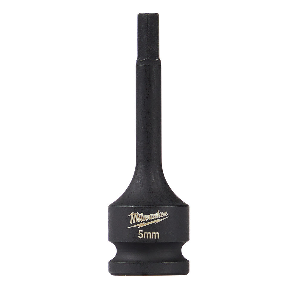 Black Milwaukee Shockwave 5mm hex bit socket with 3/8 inch drive and extended shaft.