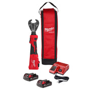 Milwaukee M18 FORCE LOGIC crimper kit with red and black tool, carrying bag, two batteries, charger, and power cord.
