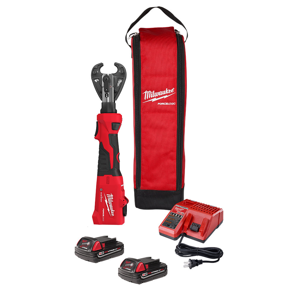 Milwaukee M18 FORCE LOGIC crimper kit with red and black tool, carrying bag, two batteries, charger, and power cord.