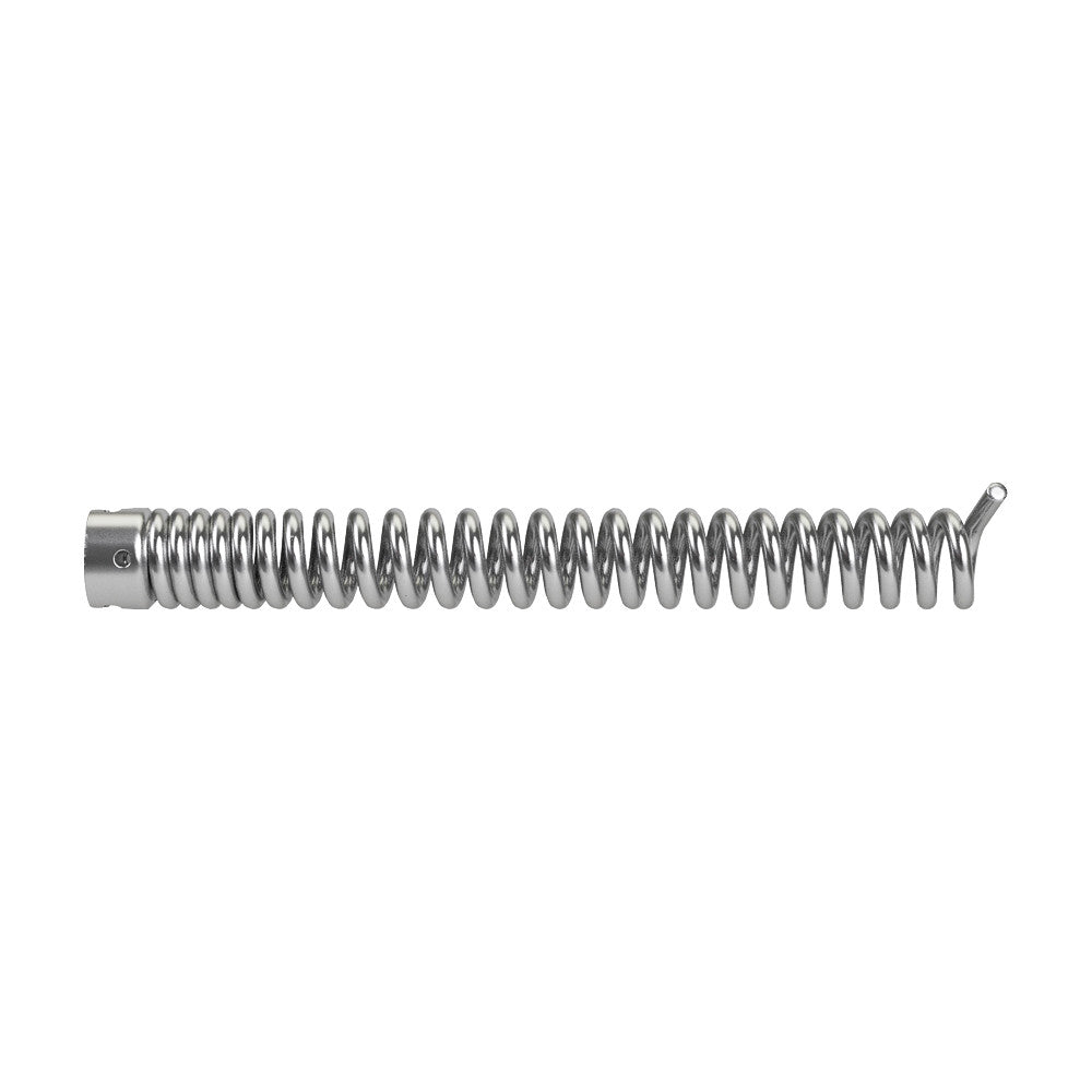 Coiled metal auger cable with connector fitting on left end and curved tip on right end.