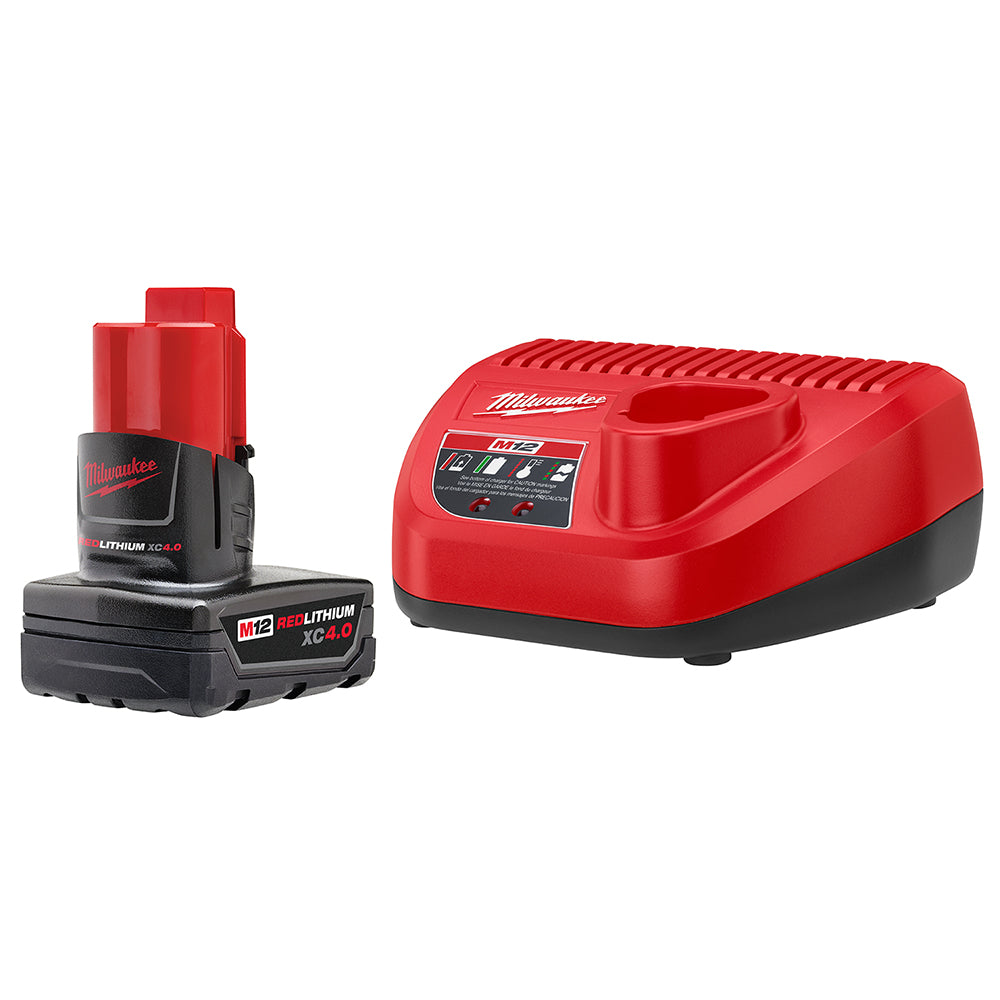 Red and black Milwaukee M12 lithium-ion battery and charger with XC 4.0 capacity rating.