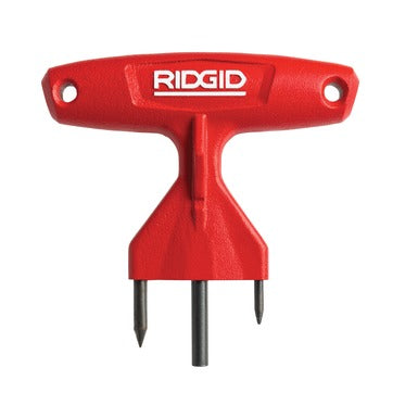 Red RIDGID Trident sectional cable decoupler with T-shaped handle and three metal prongs.