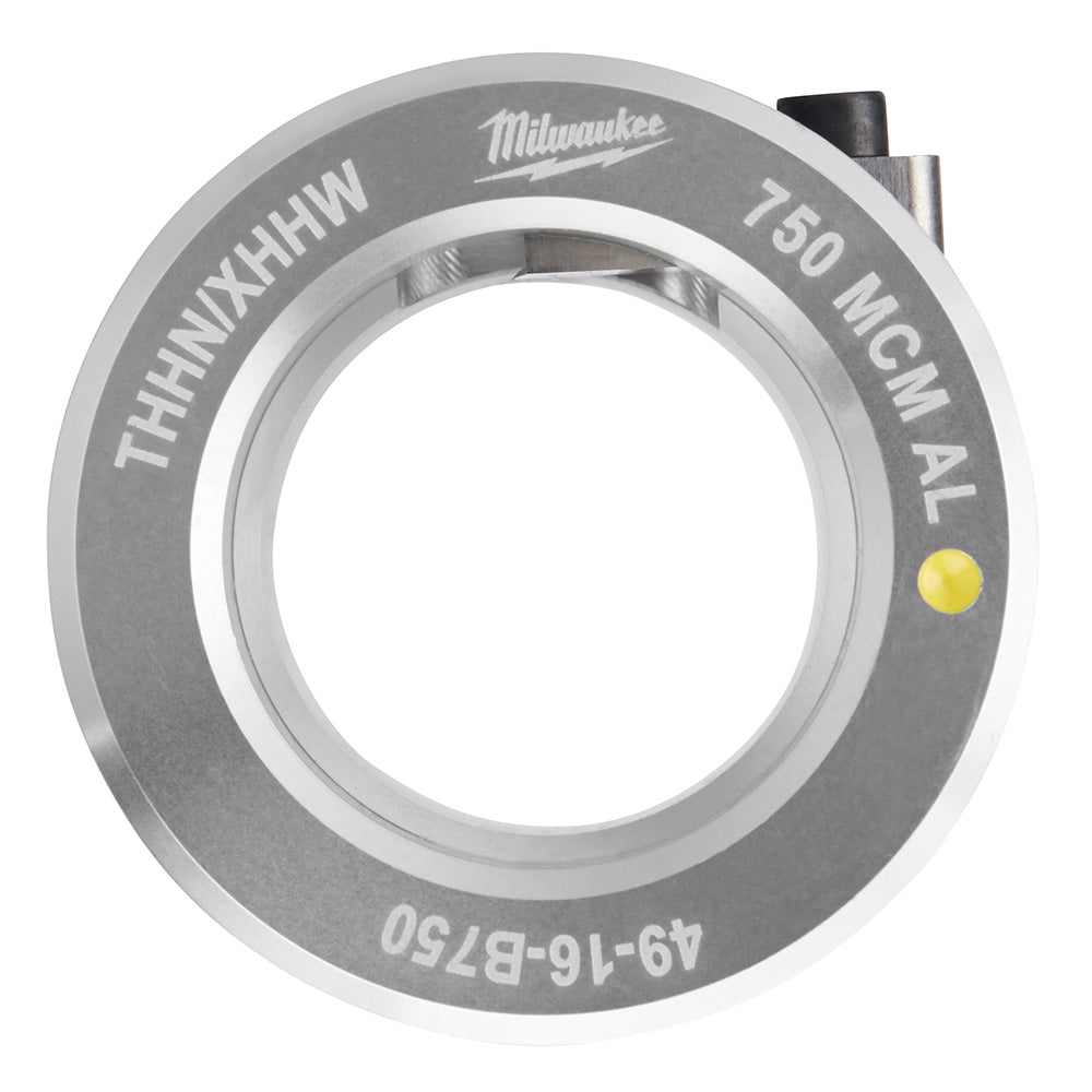 Gray and white Milwaukee aluminum bushing ring labeled 750 MCM AL THHNXHHW with yellow indicator dot and black attachment tab