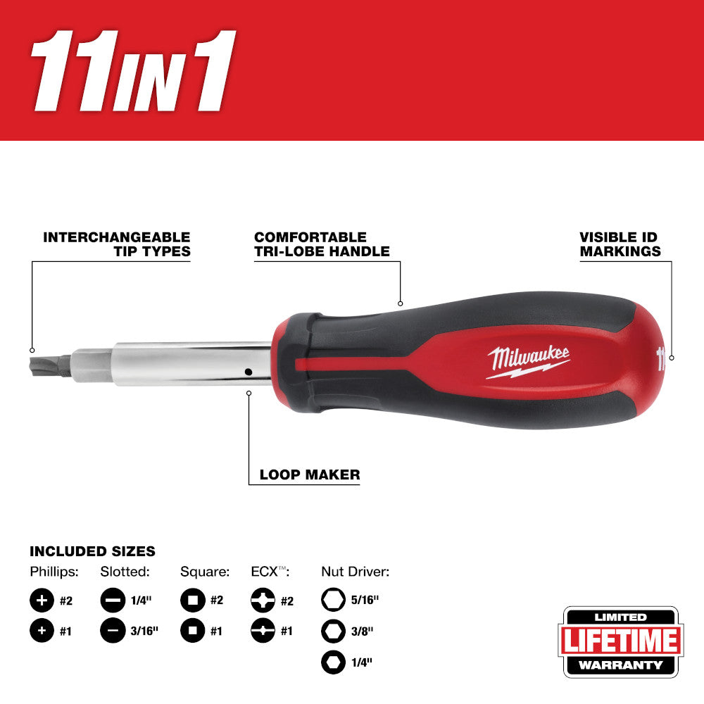 Red and black Milwaukee multi-bit screwdriver with interchangeable tips, tri-lobe handle, and loop maker feature.