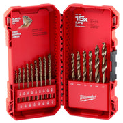 Red Milwaukee case containing 23 cobalt drill bits of various sizes arranged on both sides.