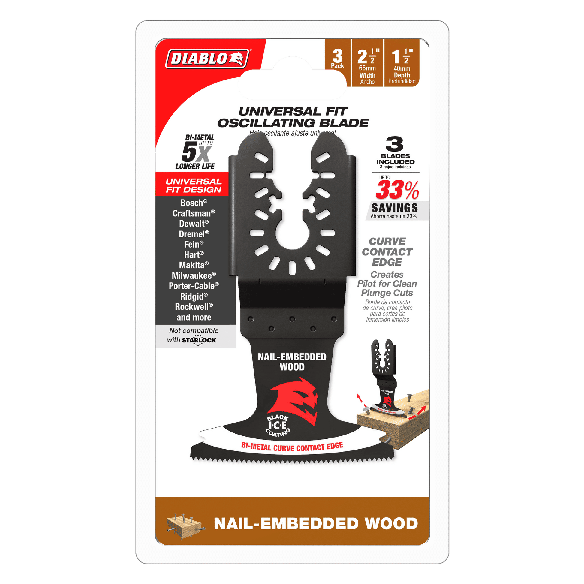 Diablo bi-metal oscillating blade with curved contact edge and nail-embedded wood base, 2.5 inches wide.