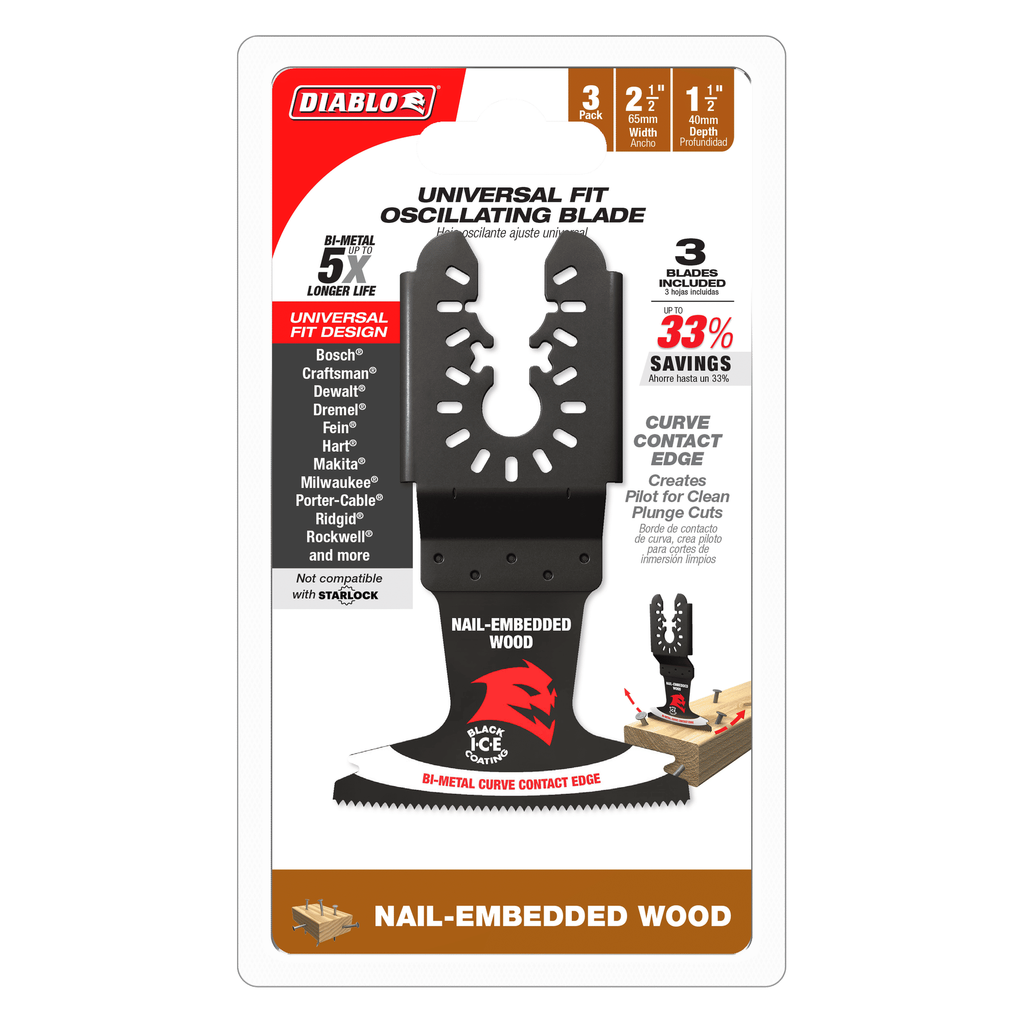 Diablo bi-metal oscillating blade with curved contact edge and nail-embedded wood base, 2.5 inches wide.