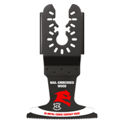 Black bi-metal oscillating blade with serrated cutting edge and multiple mounting slots for universal fit.